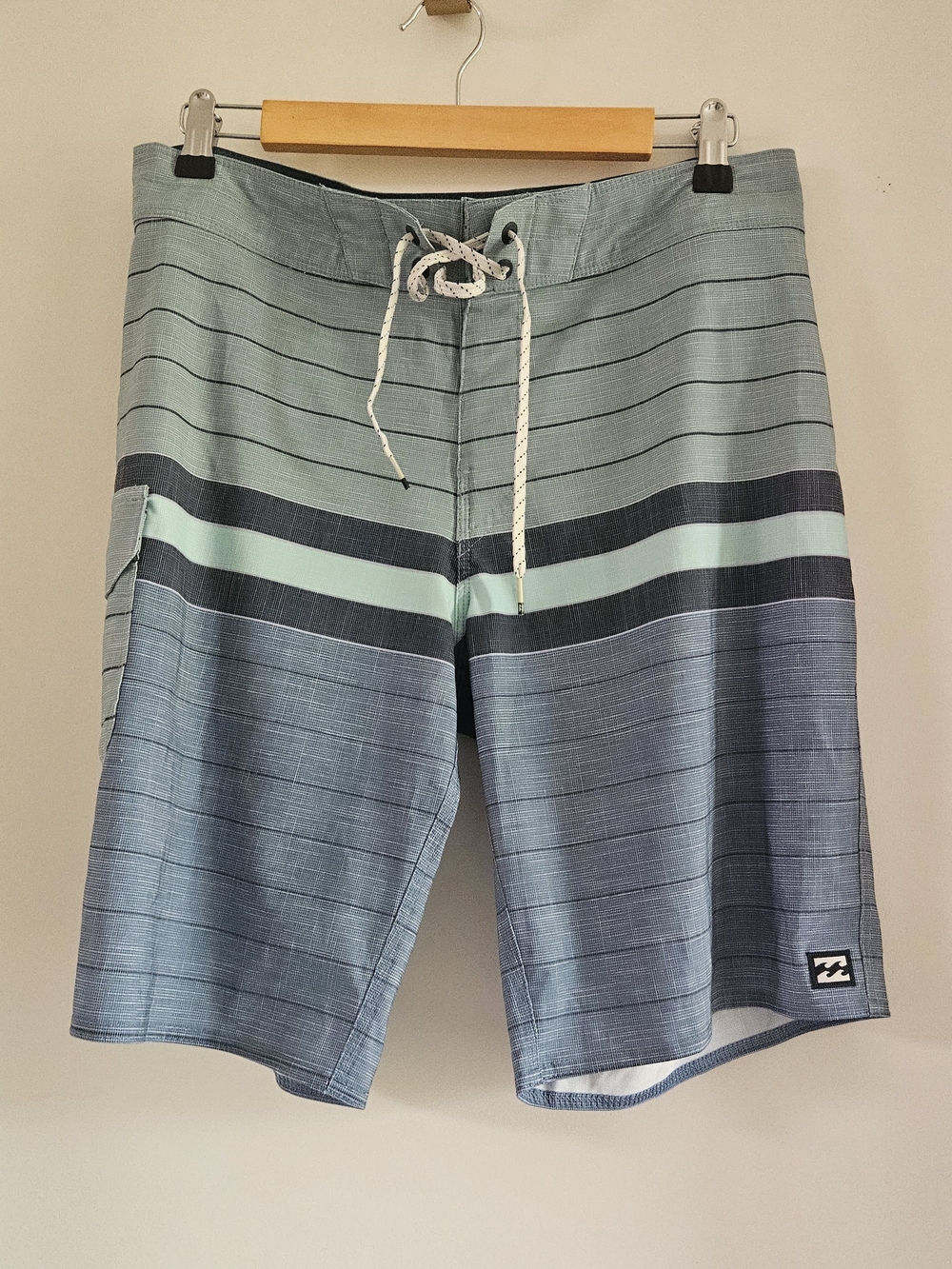 Billabong Men's Light Blue and Navy Stripe Boardshorts with Mint Accent